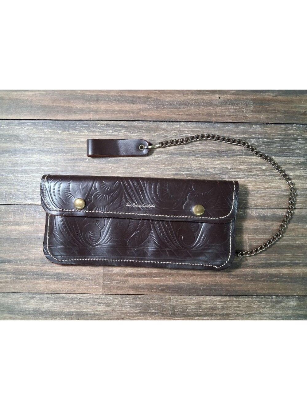 Vintage Kent Biker Wallet Brown Tooled Leather Long Rodeo Trifold Chain USA Made